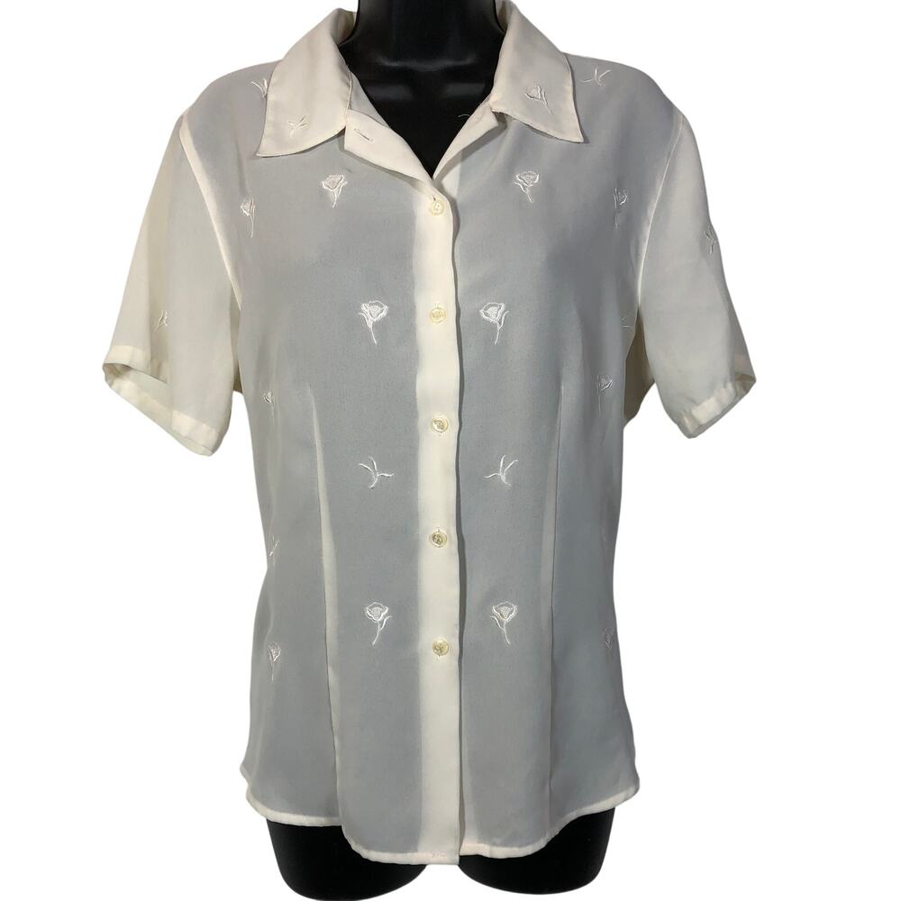 Sheer Floral Blouse Off White Cream Short Sleeve Embroidered Top 14 Kathie Lee